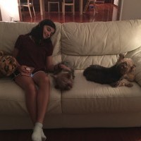 Girl sitting on couch with her dogs