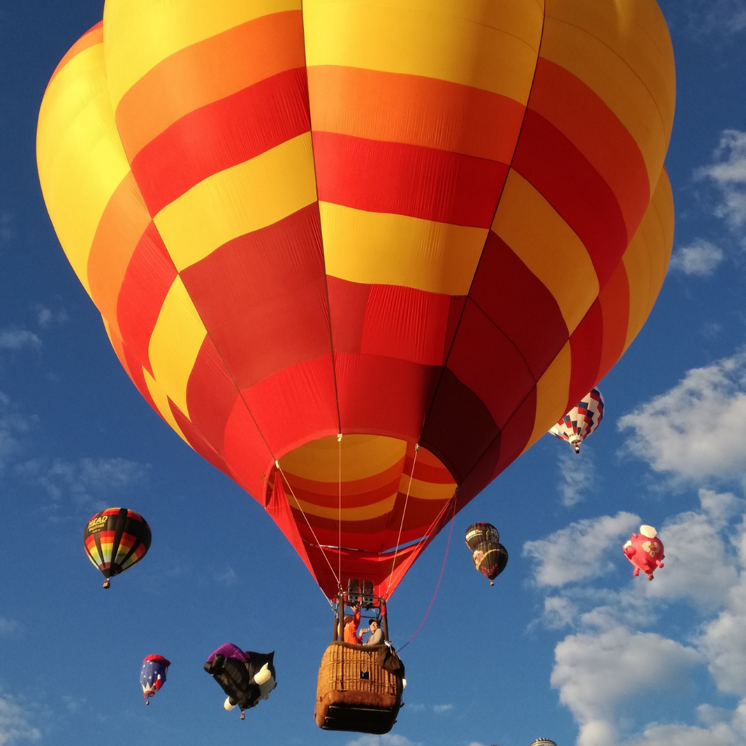 Natalie in a hot air balloon on her wedding day